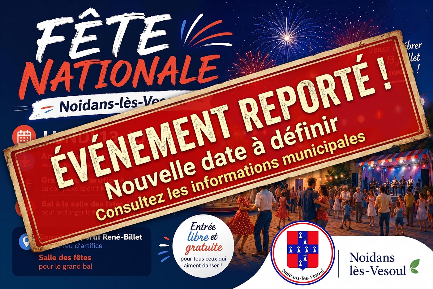 Report du feu d'artifice et du bal du 13 juillet